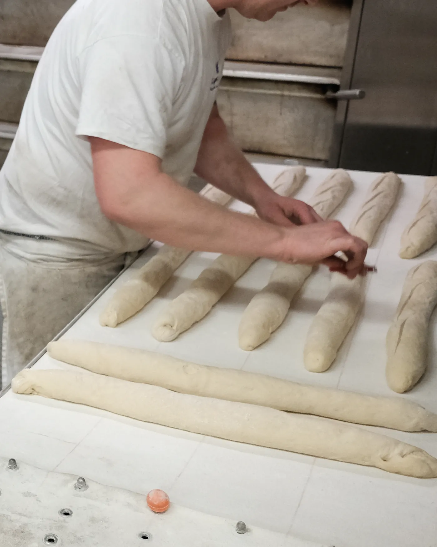 Hände schneiden Baguette-Teiglinge vor dem Ofen ein